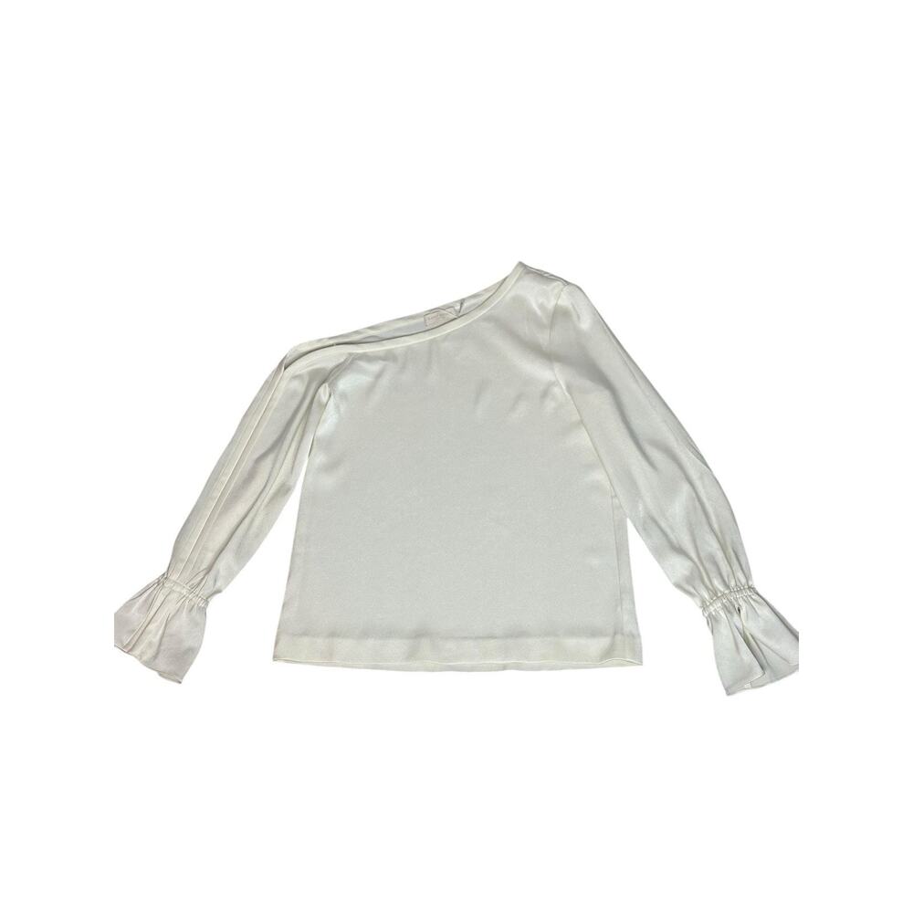 New Ramy Brook Devin Asymmetric Off Shoulder Cream Satin Long Sleeve Blouse XS